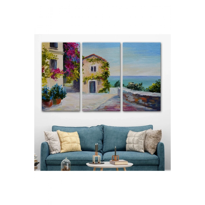 Santorinide Deniz Manzaralı Ev Kanvas Duvar Tablosu-1186