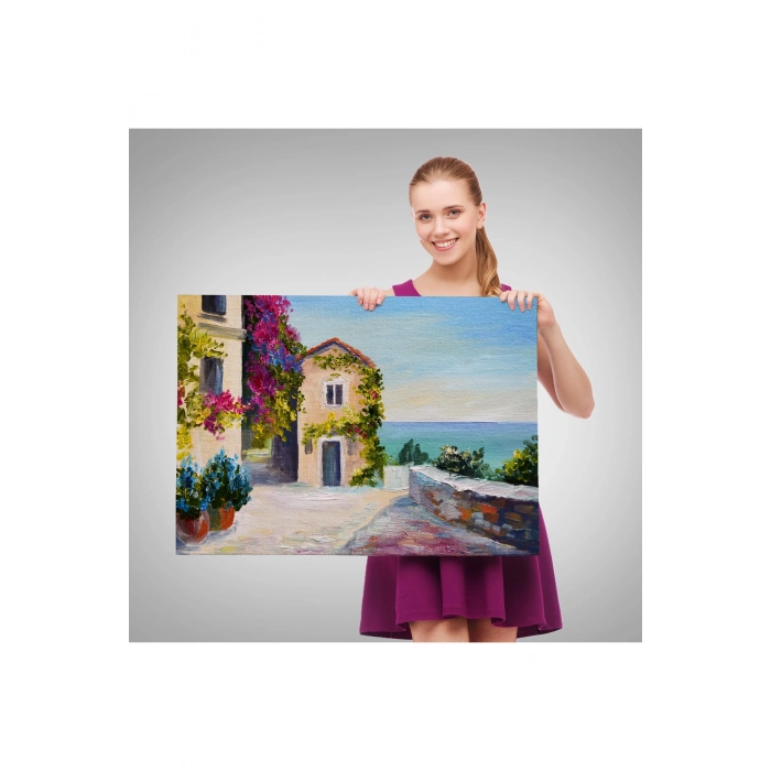 Santorinide Deniz Manzaralı Ev Kanvas Duvar Tablosu-1186