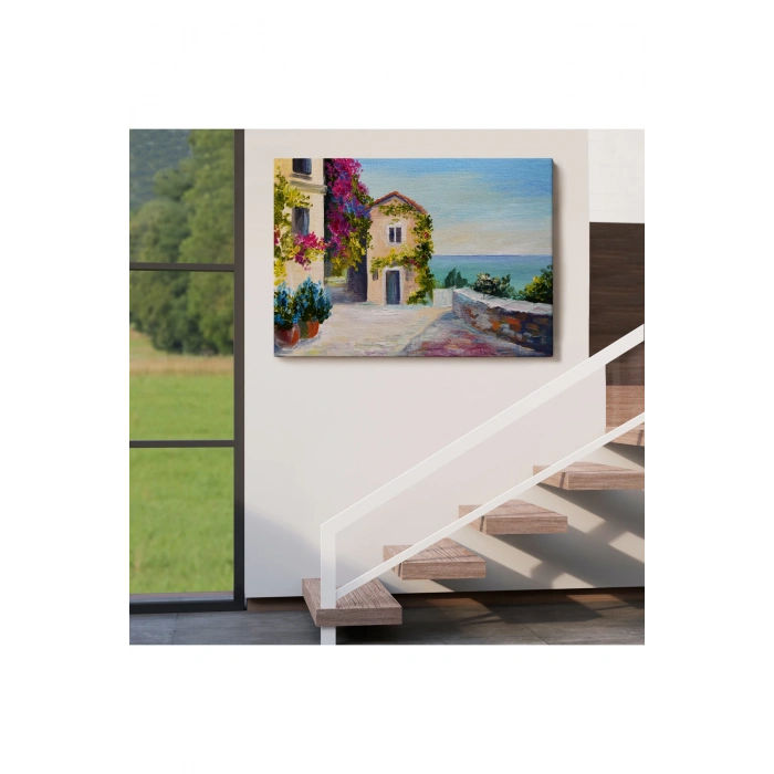 Santorinide Deniz Manzaralı Ev Kanvas Duvar Tablosu-1186