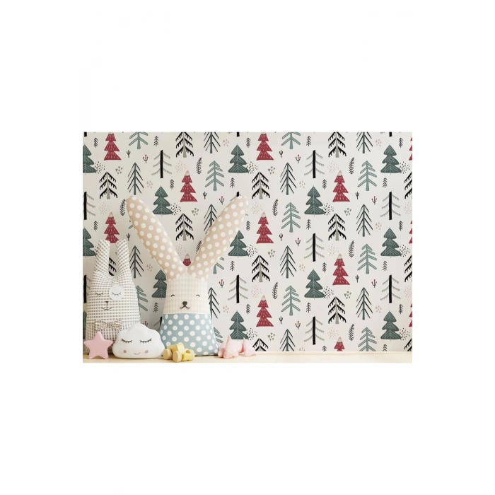 Sevimli Ağaçlar Çizim Desenli Çocuk Odası Duvar Kağıdı-5740