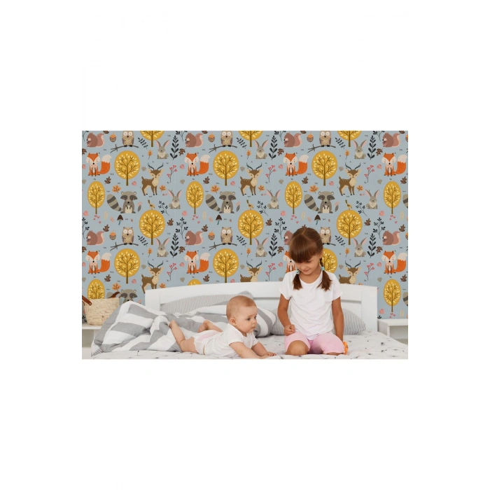 Sevimli Doğa Hayvanları Temalı Öğretici Çocuk Odası Duvar Kağıdı-5728