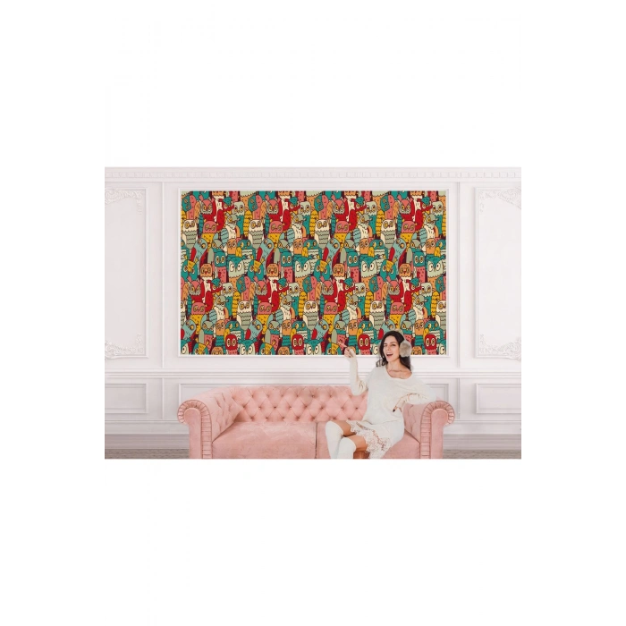 Sevimli Renkli Baykuşlar Desenli Duvar Kağıdı-5710