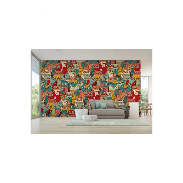 Sevimli Renkli Baykuşlar Desenli Duvar Kağıdı-5710