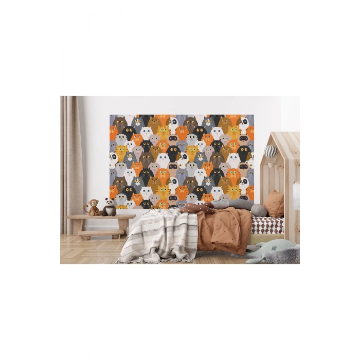 Sevimli Renkli Kediler Desenli Duvar Kağıdı-5745