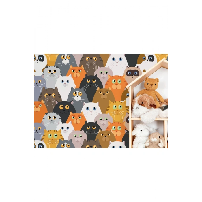 Sevimli Renkli Kediler Desenli Duvar Kağıdı-5745