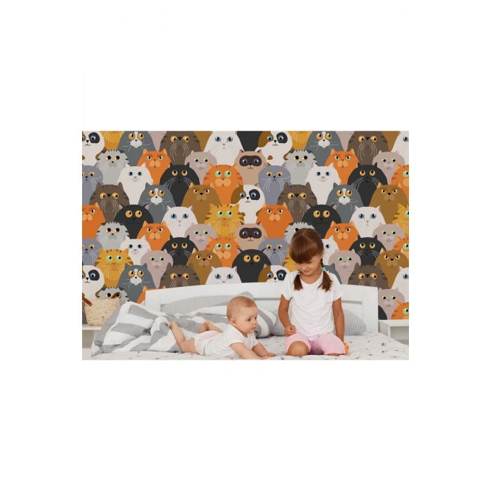 Sevimli Renkli Kediler Desenli Duvar Kağıdı-5745