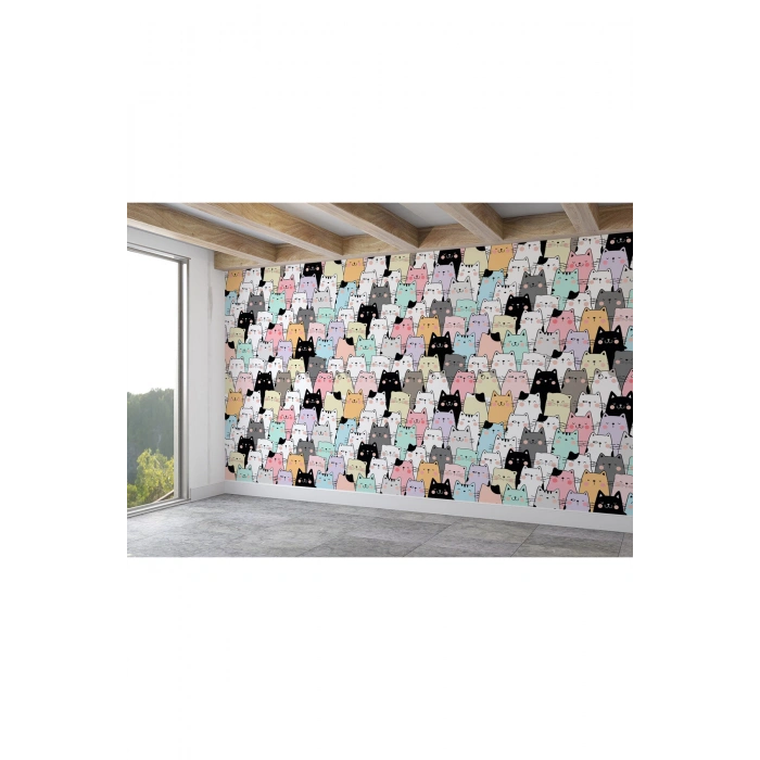 Sevimli Renkli Kediler Desenli Duvar Kağıdı-5755