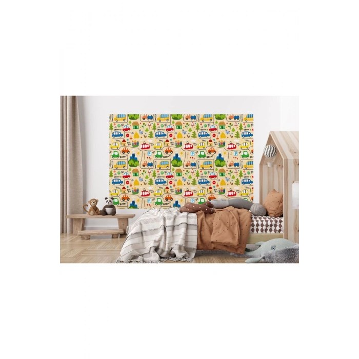 Sevimli Trafik Desenli Öğretici Çocuk Odası Duvar Kağıdı-5757