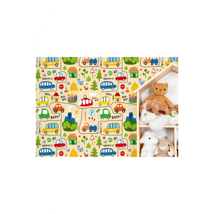 Sevimli Trafik Desenli Öğretici Çocuk Odası Duvar Kağıdı-5757