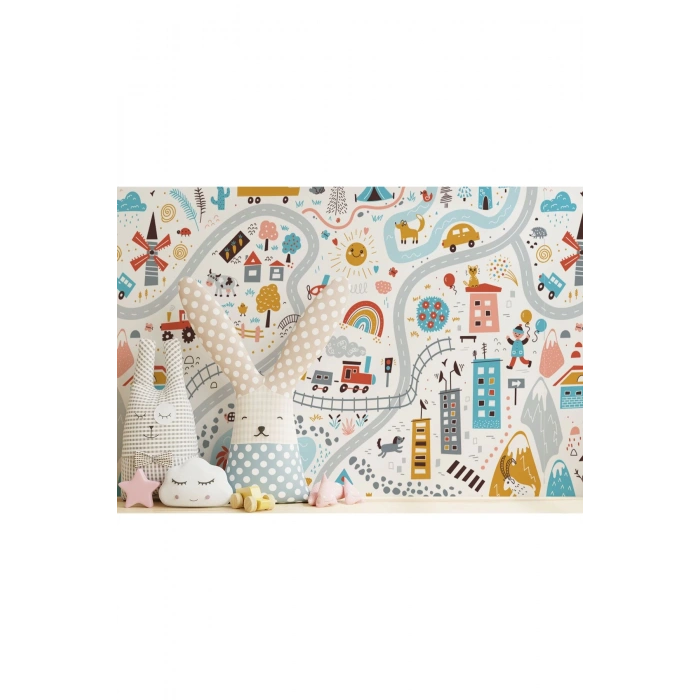 Sevimli Trafik Desenli Öğretici Çocuk Odası Duvar Kağıdı-5759