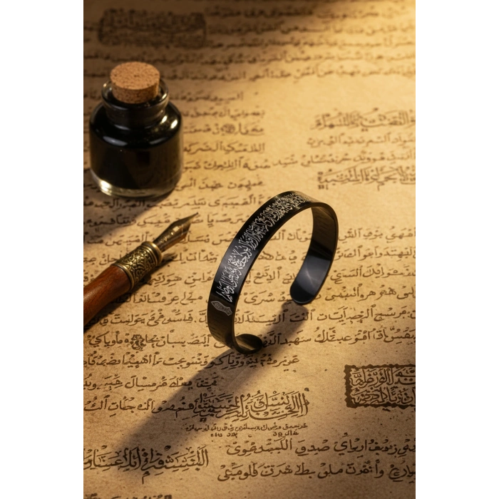 Siyah Ayetel Kürsi Nalı Şerif Yazılı Çelik Bileklik Ayarlanabilir Paslanmaz Kararmaz Dualı Unisex