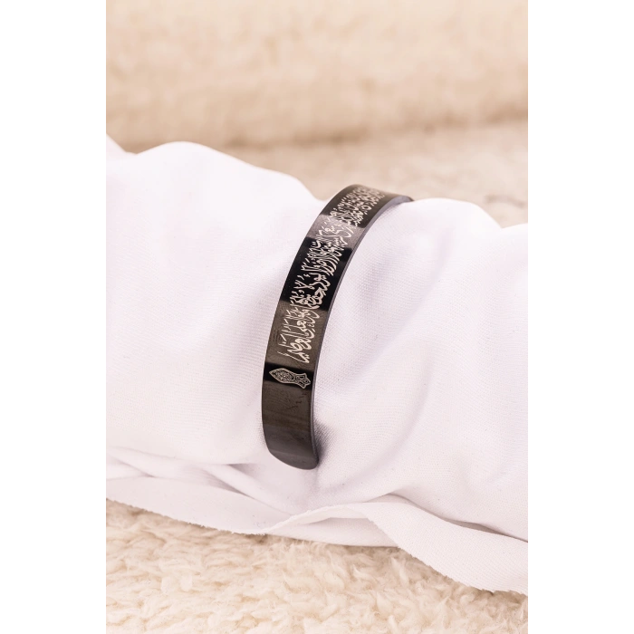 Siyah Ayetel Kürsi Nalı Şerif Yazılı Çelik Bileklik Ayarlanabilir Paslanmaz Kararmaz Dualı Unisex