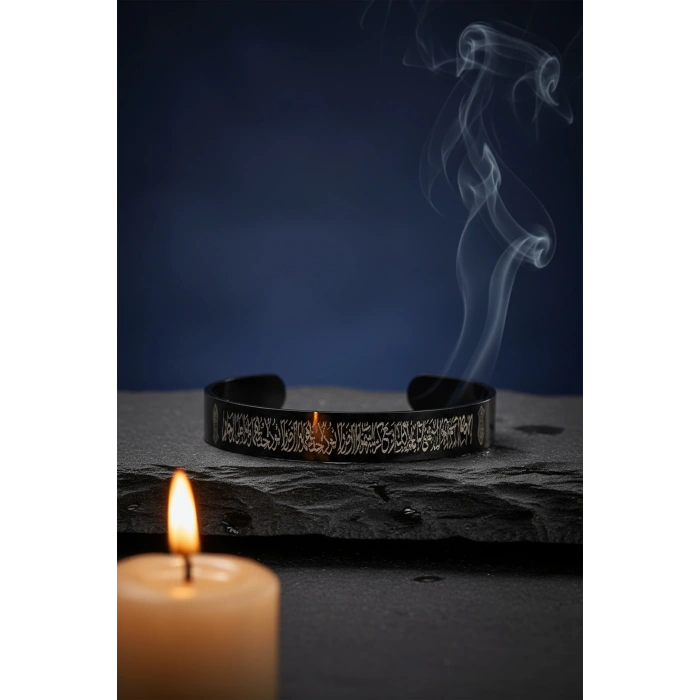 Siyah Ayetel Kürsi Nalı Şerif Yazılı Çelik Bileklik Ayarlanabilir Paslanmaz Kararmaz Dualı Unisex