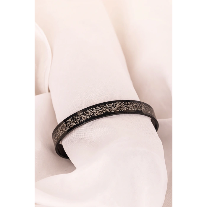 Siyah Ayetel Kürsi Nalı Şerif Yazılı Çelik Bileklik Ayarlanabilir Paslanmaz Kararmaz Dualı Unisex