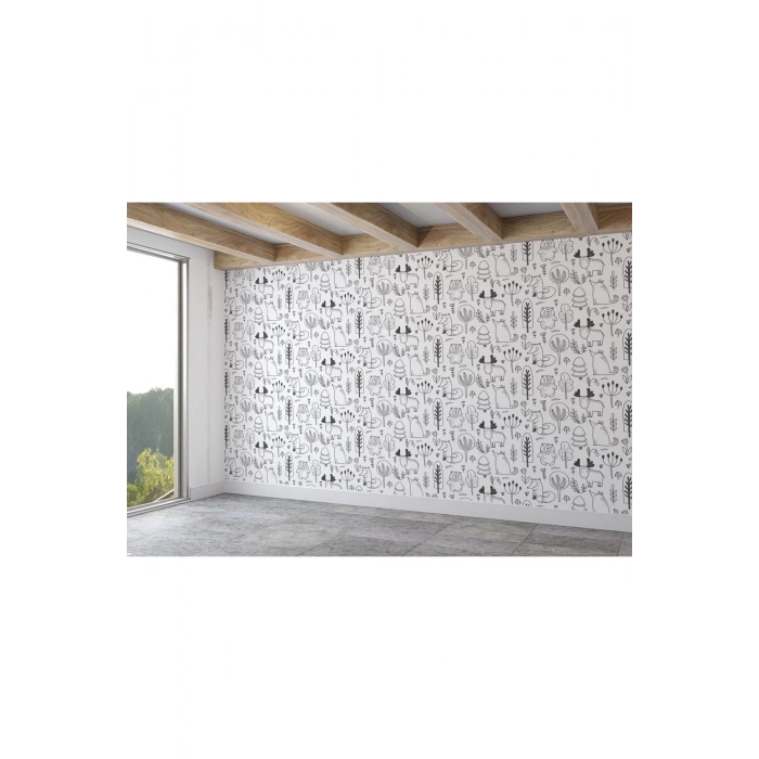 Siyah Beyaz Sevimli Doğa Hayvanları Temalı Öğretici Çocuk Odası Duvar Kağıdı-5727