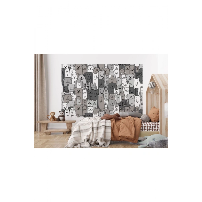 Siyah Beyaz Sevimli Köpekler Desenli Öğretici Çocuk Odası Duvar Kağıdı-5746