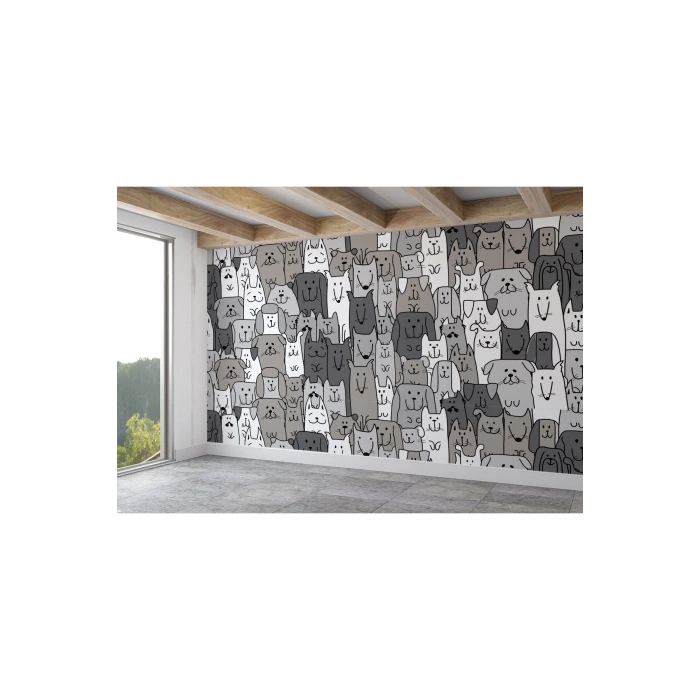 Siyah Beyaz Sevimli Köpekler Desenli Öğretici Çocuk Odası Duvar Kağıdı-5746