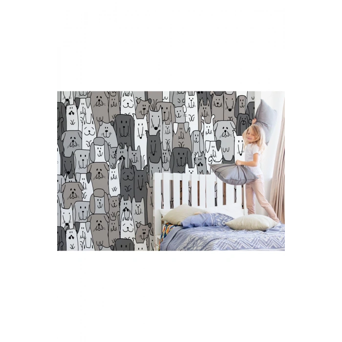 Siyah Beyaz Sevimli Köpekler Desenli Öğretici Çocuk Odası Duvar Kağıdı-5746