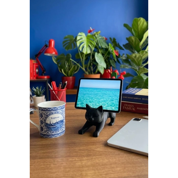 Siyah Kedi Telefon Tablet Tutucu 10 x 10 cm