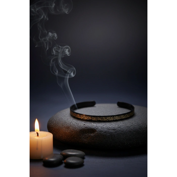 Siyah Renk Unisex Ayetel Kürsi Nalı Şerif Yazılı Çelik Bileklik Ayarlanabilir Paslanmaz Kararmaz