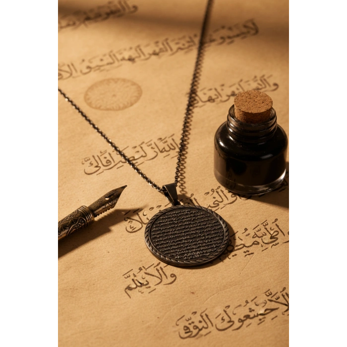 Siyah Vakıa Suresi Yazılı Çelik Kolye Kararmaz Paslanmaz Zincirli Unisex Kolye