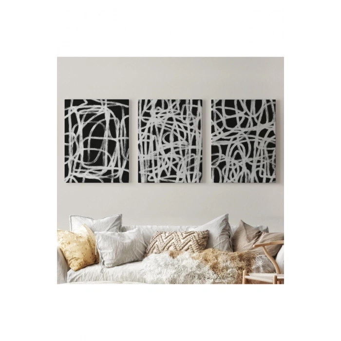 Siyah Zemin Üzerine Beyaz Şekiller Dekoratif Duvar Tablosu Üçlü Set-EÜ-121
