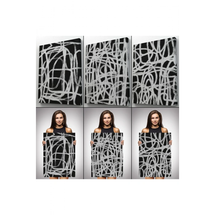 Siyah Zemin Üzerine Beyaz Şekiller Dekoratif Duvar Tablosu Üçlü Set-EÜ-121