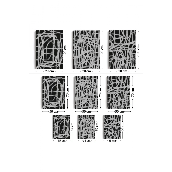 Siyah Zemin Üzerine Beyaz Şekiller Dekoratif Duvar Tablosu Üçlü Set-EÜ-121