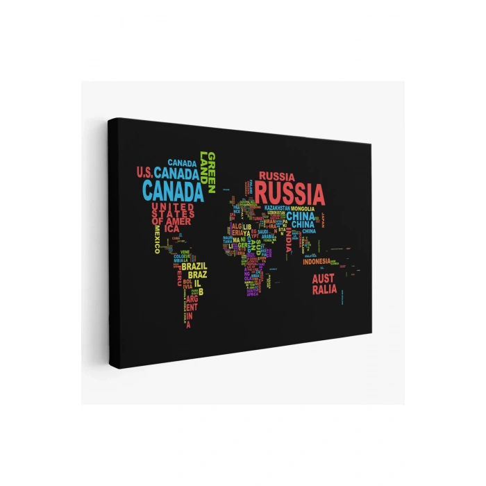 Siyah Zeminli Ülke İsimli Dünya Haritası Kanvas Tablo 1015