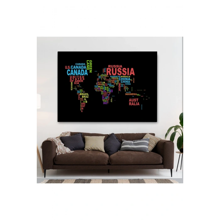 Siyah Zeminli Ülke İsimli Dünya Haritası Kanvas Tablo 1015