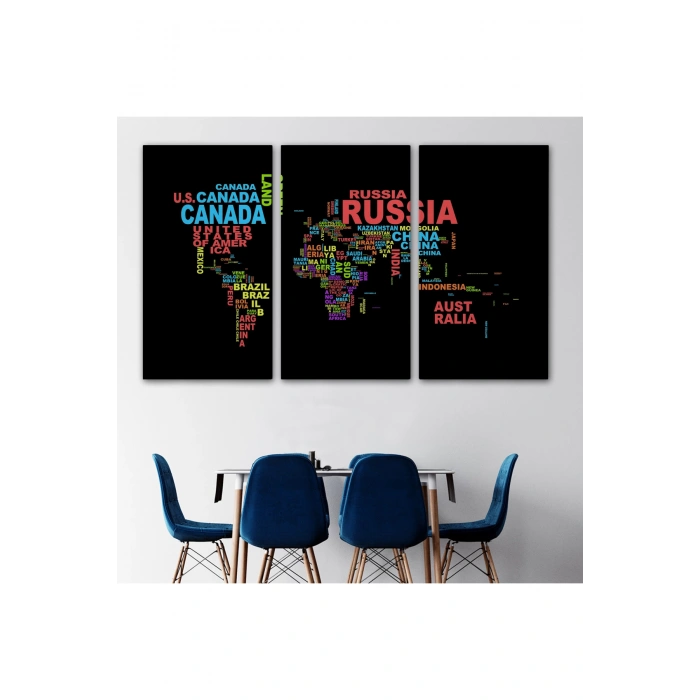 Siyah Zeminli Ülke İsimli Dünya Haritası Kanvas Tablo 1015