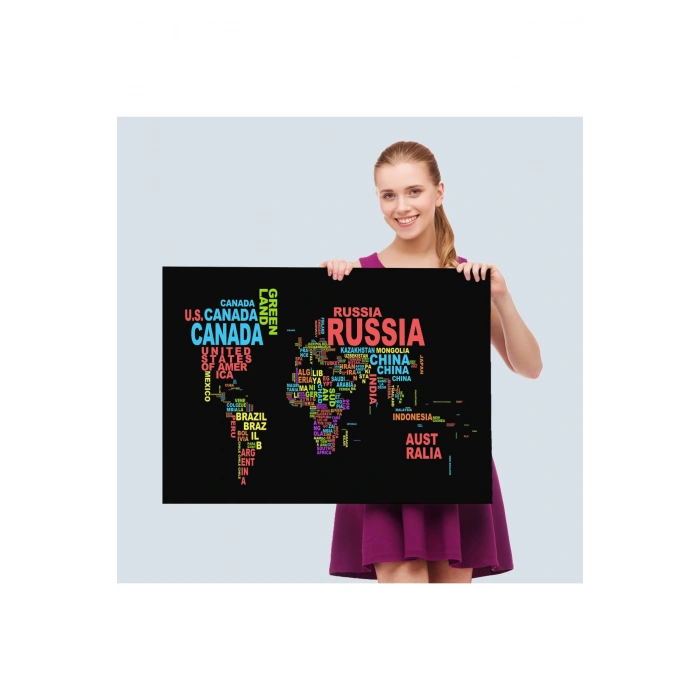 Siyah Zeminli Ülke İsimli Dünya Haritası Kanvas Tablo 1015