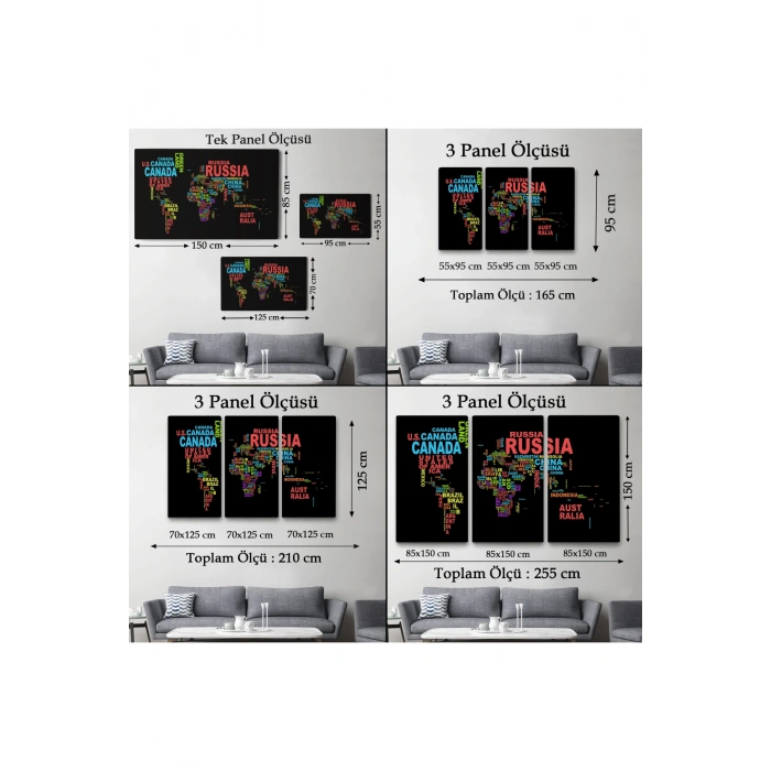 Siyah Zeminli Ülke İsimli Dünya Haritası Kanvas Tablo 1015