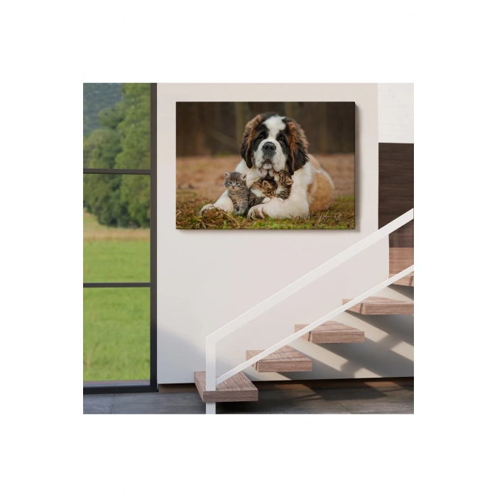 St. Bernard  Köpek ve Yavru Kediler Dekoratif Kanvas Tablo 1124