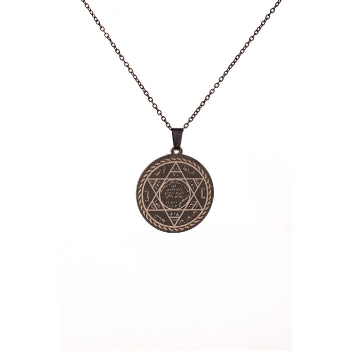 Süleyman Mührü ve Cin Mektubu Yazılı Çelik Kolye Kararmaz Paslanmaz Çelik Zincirli Unisex Kolye