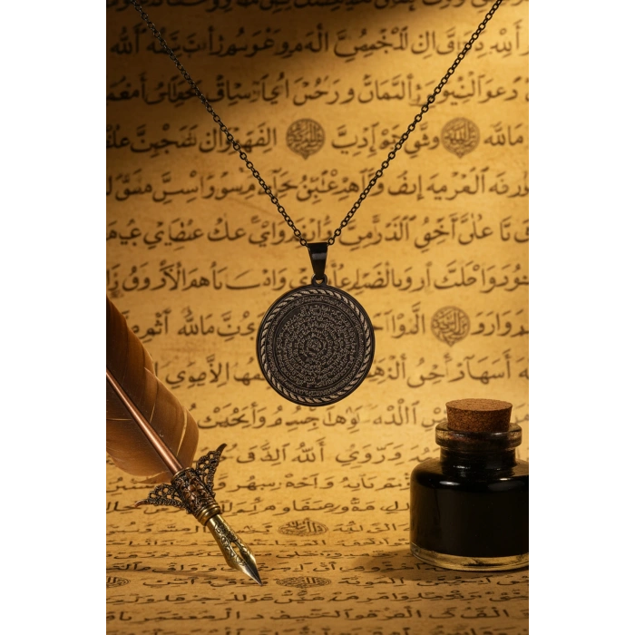 Süleyman Mührü ve Cin Mektubu Yazılı Çelik Kolye Kararmaz Paslanmaz Çelik Zincirli Unisex Kolye