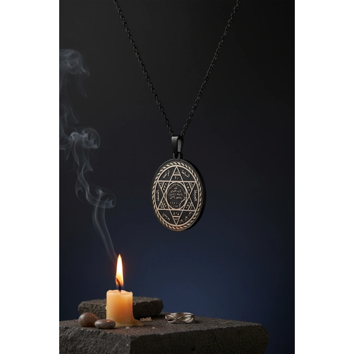 Süleyman Mührü ve Cin Mektubu Yazılı Çelik Kolye Kararmaz Paslanmaz Çelik Zincirli Unisex Kolye