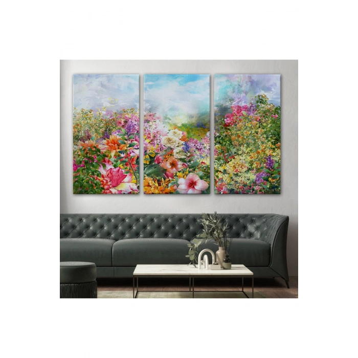 Suluboya Görünümlü Çok Renkli Çiçek Manzaralı Kanvas Tablo-1196