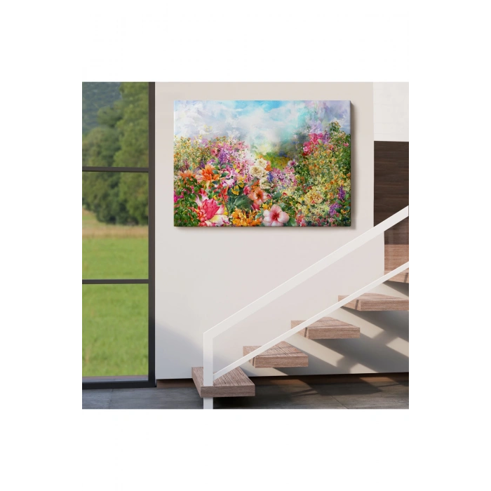 Suluboya Görünümlü Çok Renkli Çiçek Manzaralı Kanvas Tablo-1196