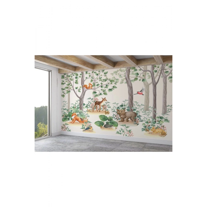 Suluboya Görünümlü Sevimli Hayvanlar Desenli Duvar Kağıdı Kreş Okul Posteri-5630