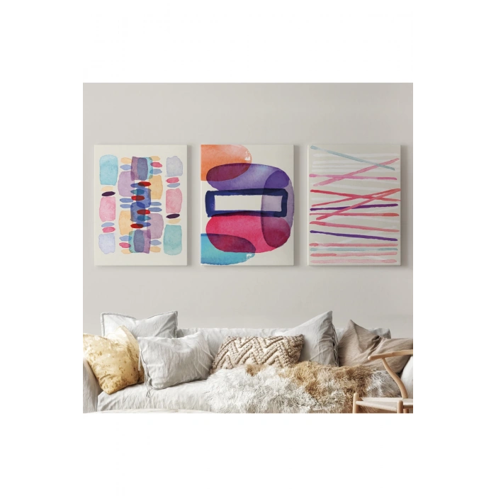 Suluboya Görünümlü Soyut Desenler  Duvar Tablosu Üçlü Set-DÜ-99