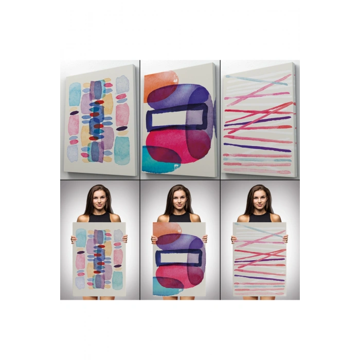 Suluboya Görünümlü Soyut Desenler  Duvar Tablosu Üçlü Set-DÜ-99