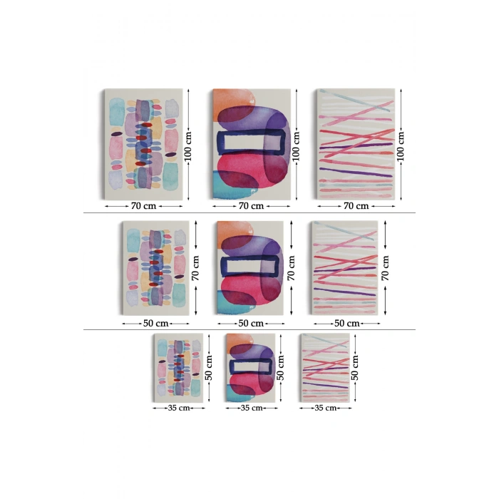 Suluboya Görünümlü Soyut Desenler  Duvar Tablosu Üçlü Set-DÜ-99