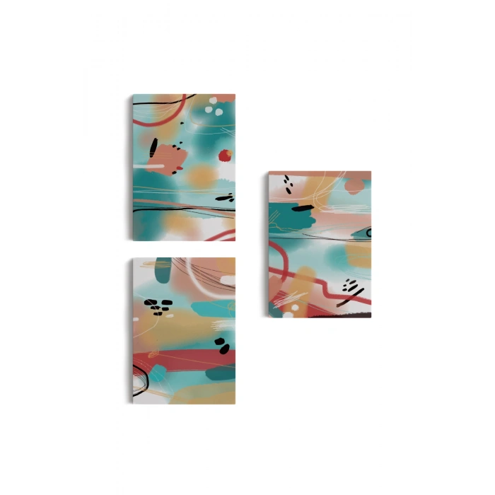 Suluboya Görünümlü Soyut Desenler  Duvar Tablosu Üçlü Set-EE-104