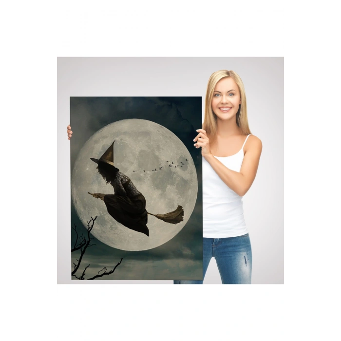 Süpürge İle Uçan Cadı, Cadılar Bayramı Helloven Duvar Tablosu -6481