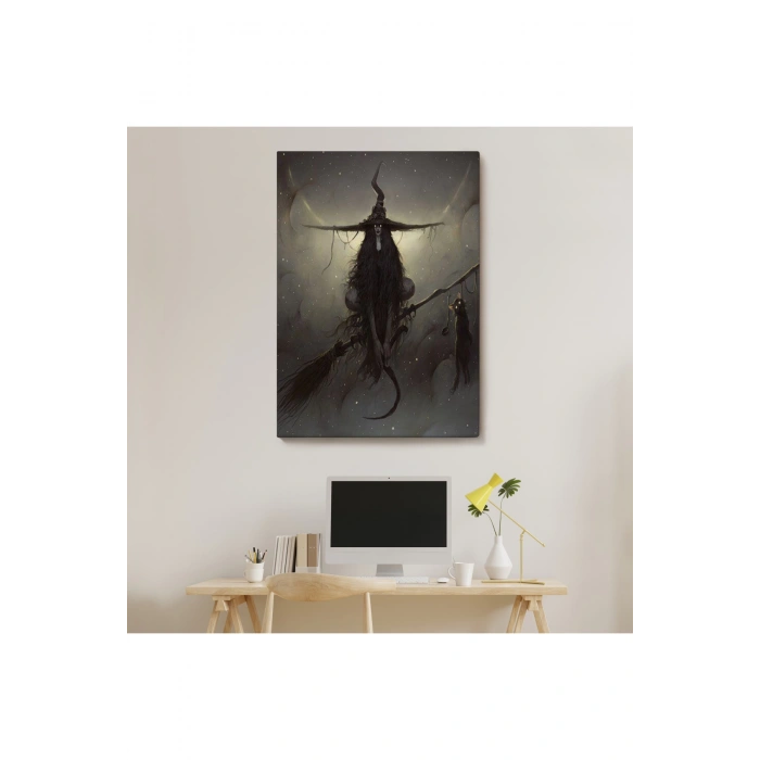 Süpürge ile Uçan Cadı ve Kedisi, Cadılar Bayramı Hediyesi, Hellowen Tablo -6287