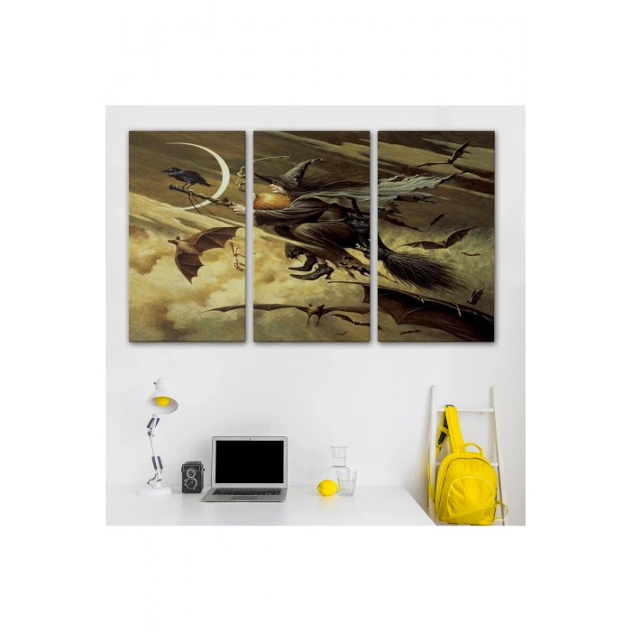 Süpürge İle Uçan Cadı ve Kedisi Cadılar Bayramı Helloven Duvar Tablosu -6559