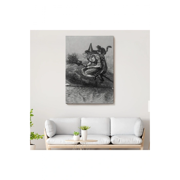 Süpürge ile Uçan Yaşlı Cadı ve Kedisi, Cadılar Bayramı Hediyesi, Hellowen Tablo -6304