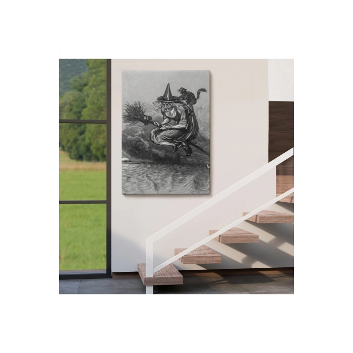 Süpürge ile Uçan Yaşlı Cadı ve Kedisi, Cadılar Bayramı Hediyesi, Hellowen Tablo -6304