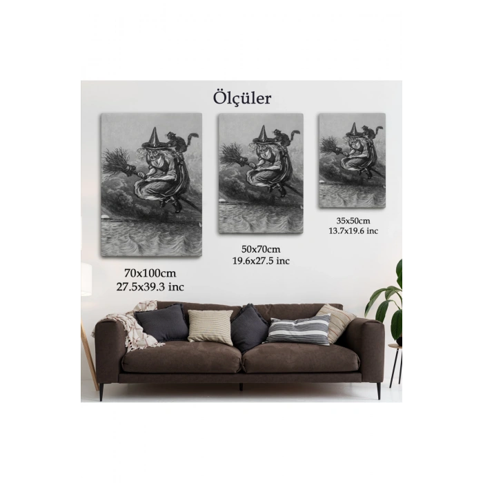 Süpürge ile Uçan Yaşlı Cadı ve Kedisi, Cadılar Bayramı Hediyesi, Hellowen Tablo -6304